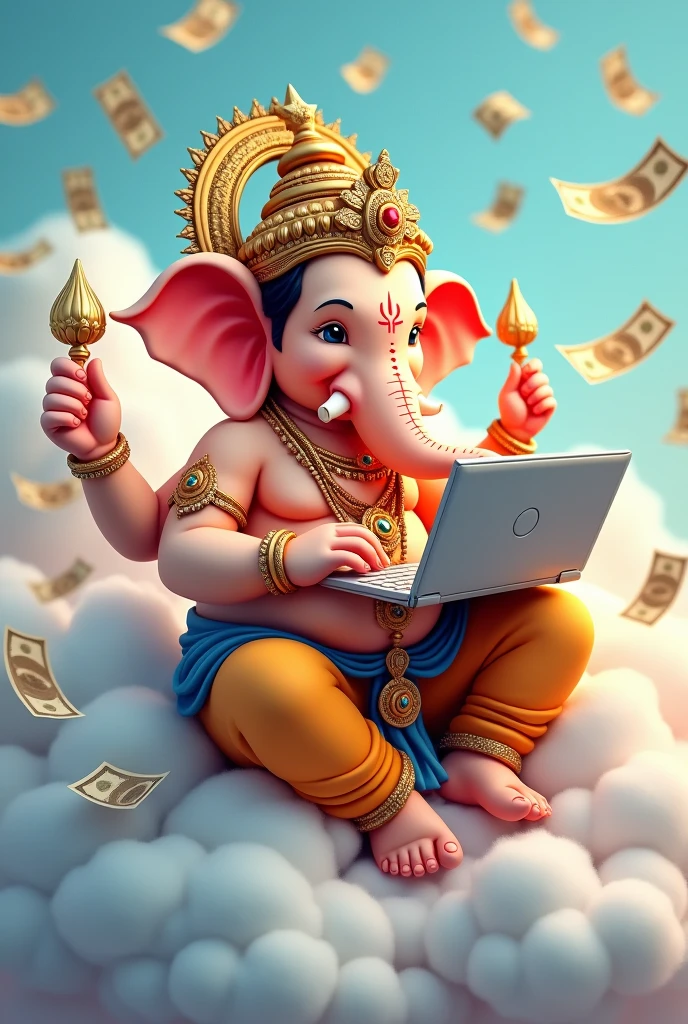 Cartoon ganesha Sitting on the cloud with laptop in pastel color and dollar bill flew around