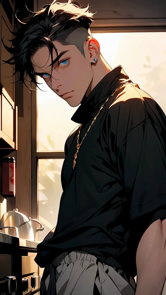 highest quality, 8K, high resolution image, anime style Jujutsu Kaisen, (Wriothesly/Genshin Impact), detailed strokes, bored look, blurry, purple light reflecting from it, (close angle), 1 man, young, male, model, Hand in pocket, Cool guy, multicolored background with different geometric shapes, around stickers, muscular, Dark brown hair, Hairstyle: undercut, aqua eyes, multicolored hair, light brown hair, hair between eyes, highlighted hair, puffy chest. He is wearing a white shirt and black sweatpants, black sweatpants and a gold link chain, sweatpants, background: room, kitchen,