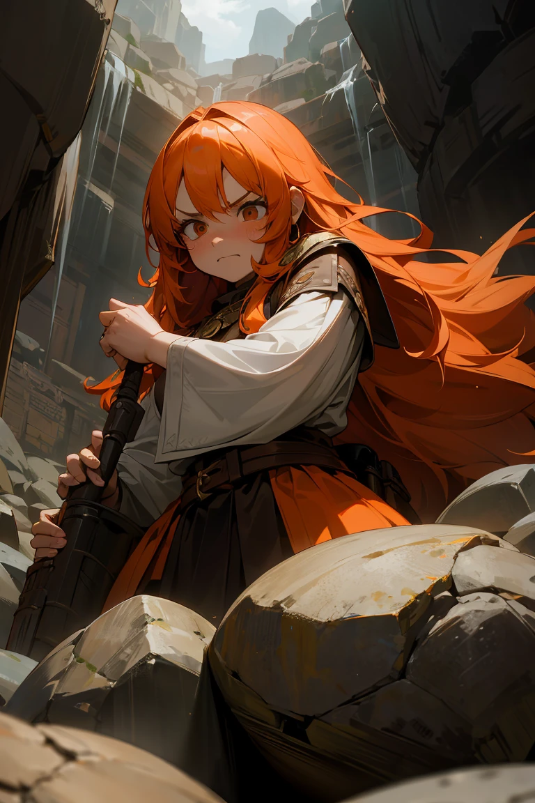 A DnD dwarf woman with long orange hair and big brown eyes. She inhabits the interior of the mountains and the lower floors of the mines. Noble but scowling, she embodies strength and determination, with a fierce expression that reflects her steadfast commitment to doing the right thing. The environment is rugged, with rocky walls and dimly lit tunnels, capturing the essence of her underground world.