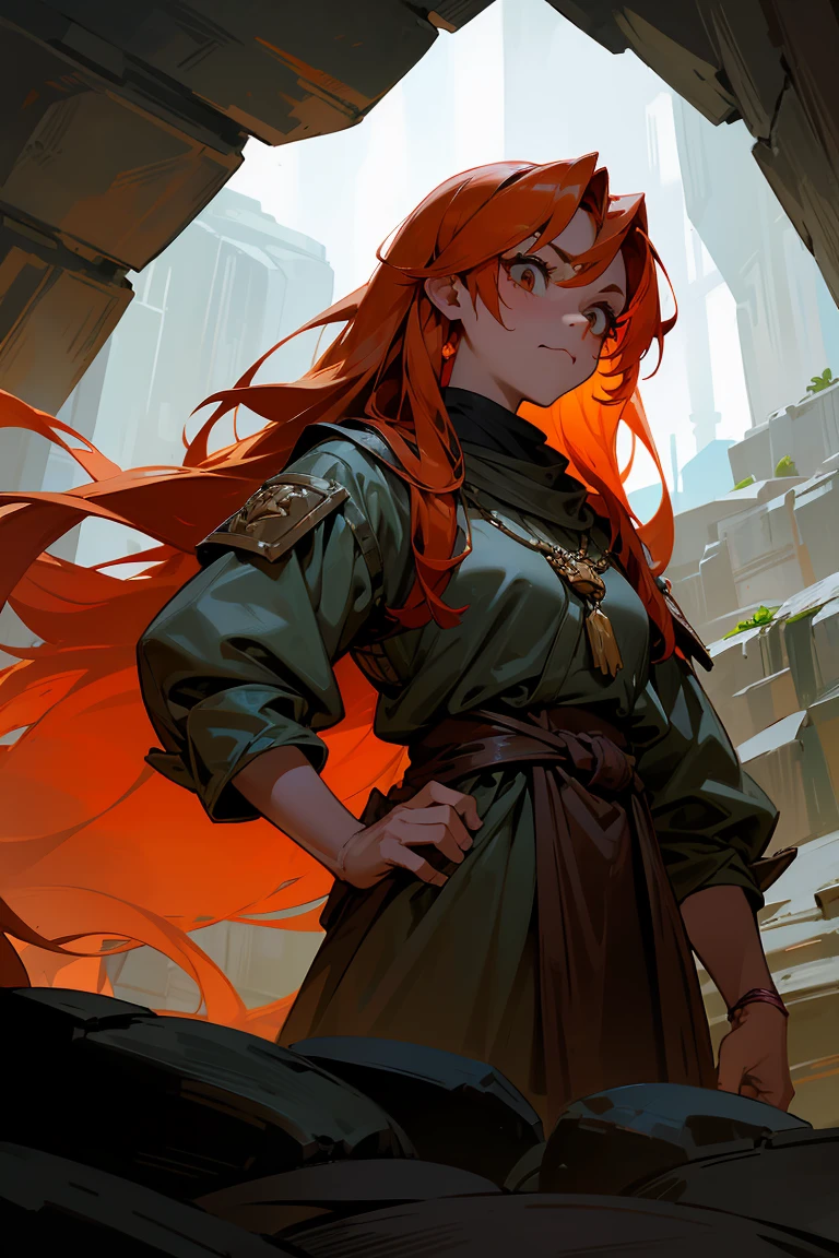 A DnD dwarf woman with long orange hair and big brown eyes. She inhabits the interior of the mountains and the lower floors of the mines. Noble but scowling, she embodies strength and determination, with a fierce expression that reflects her steadfast commitment to doing the right thing. The environment is rugged, with rocky walls and dimly lit tunnels, capturing the essence of her underground world.