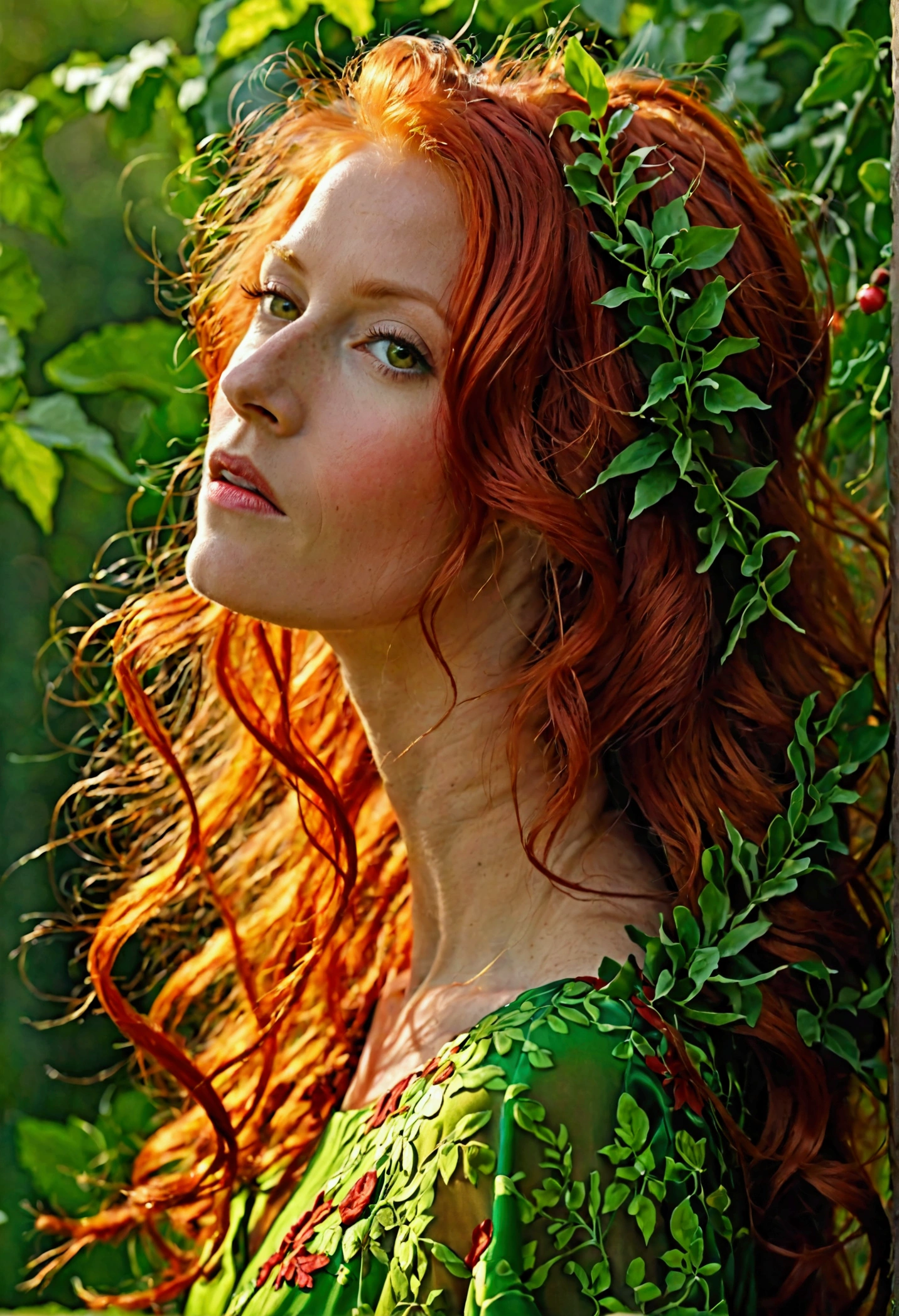 HD, (meilleur détail) (Meilleure qualité), femme rousse posant pour la photo avec de longs cheveux rouges et une robe verte, mature et magnifique, Lumière et ombre naturelles