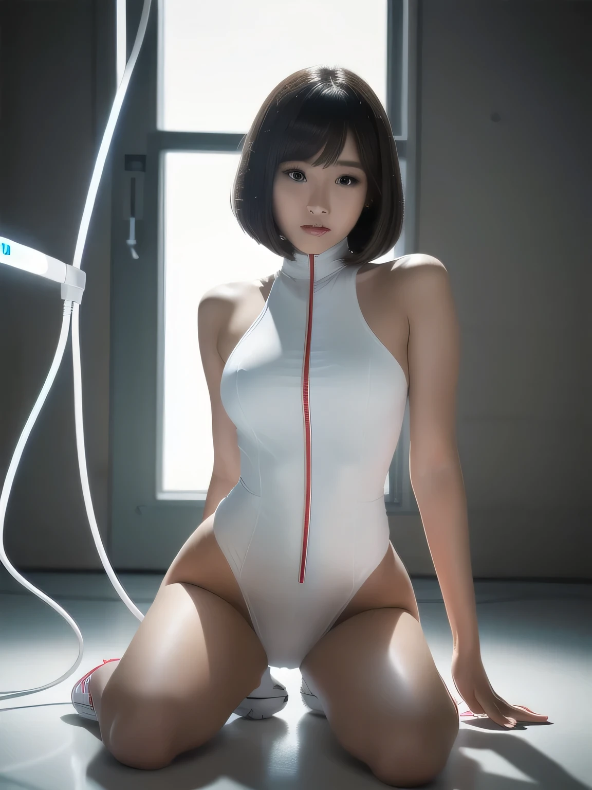 A female android with a short bob and a baby face.、Wearing a white high leg leotard protector、Charging by inserting a cable into the charging port in the female genital area、Full body image、Large charging plug、Tail connector exposed、Backwards、is、Ultra HD、Masterpiece、