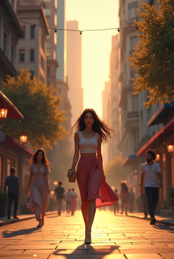 A woman walks down the street