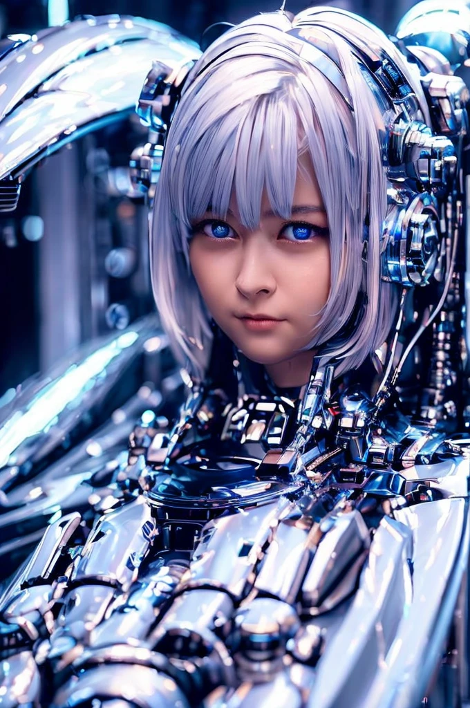 A girl with silver hair and silver eyes、Wide-angle shot, 1 female, Mecha, Glowing blue-black eyes, Very cute face, (Realistic:1.37), バイオMechaニカル, Spaceship interior bokeh background, Ultra-realistic, Very detailed, Very intricate details, Beautiful woman in focus、