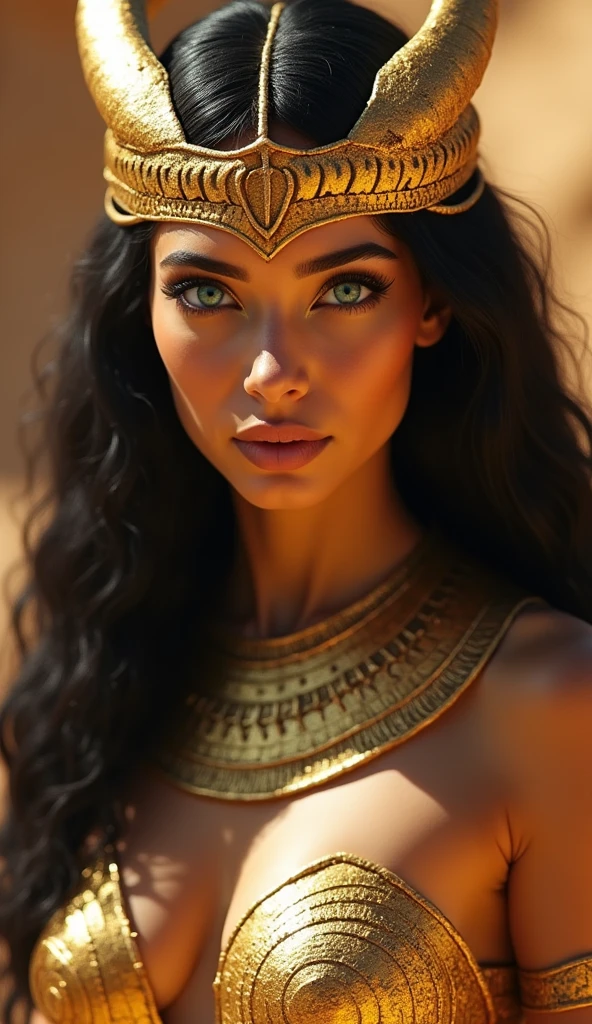 An Egyptian woman with dragon-like characteristics, her body adorned with shimmering golden scales that reflect the glow of the desert sun. Her eyes are large and almond-shaped, with a striking turquoise hue. Her facial features are dignified and symmetrical, with a straight nose and pronounced cheekbones. Her hair cascades in dark waves, laced with small, scale-like patterns, embodying the ancient majesty of Egypt.