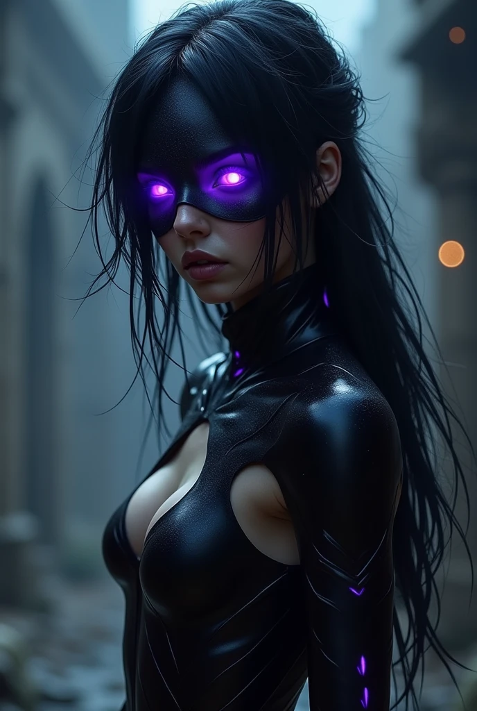 A pretty, 2 woman, She has long, raven black hair, which are often slightly disheveled, which gives her an untamed look. Her eyes shine in an intense violet, that glows slightly in the dark, and her skin is alabaster white, which gives her an almost ghostly appearance. The costume is mainly in deep black, interspersed with violet accents, that reflect their eye color. It consists of a skin-tight suit, which makes her agile and fast and black riding boots. She wears half a mask, which covers the upper half of her face, her eyes shining through a thin violet layer. FULL BODY shot