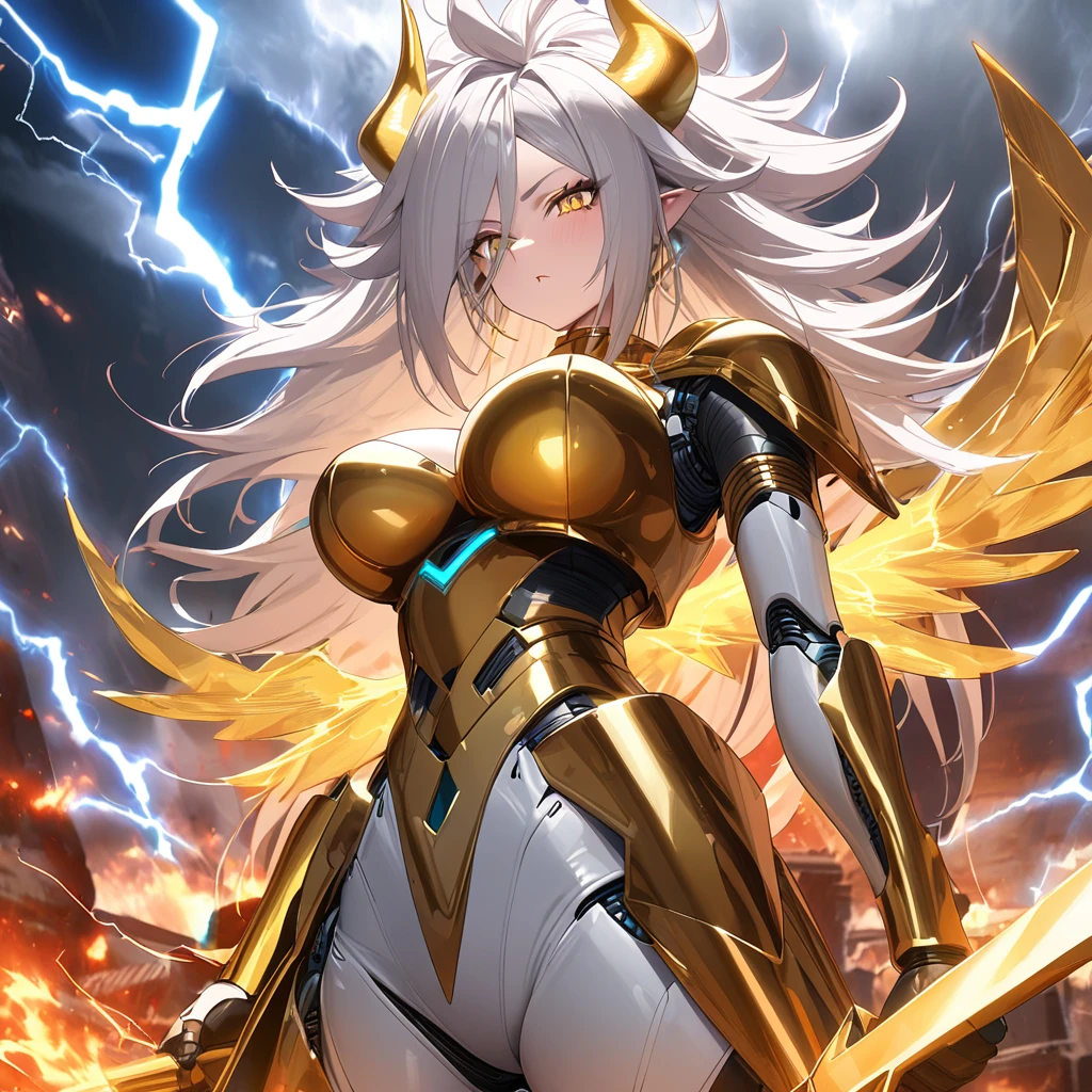 ((((Golden Spear)))), ((Lightning Power)), ((Electricity)), ((Fire Background)), ((Lightning Storm)), ((Power Erupting)), ((((android 21)))), (((white Coat))), (((Busty))), luxury bustier corset, ((silver hair)), (((Very slim waist))), propotional body, ((Gorgeous)), (((gold wings))), masterpiece, hyperdetail, ambient effect, digital effect, (((Lightning Spear))), (((Fire Gold Armor))), (((Lightning Gold Wings))), ((Fire Demon Horns))