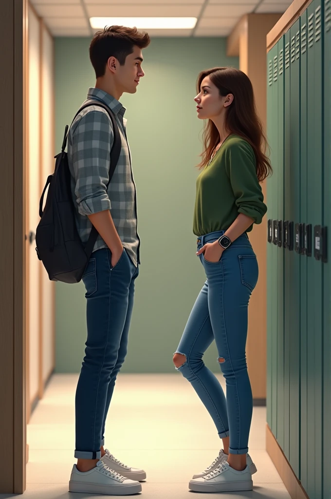 Outside the locker room in the office, a young man meets a young woman who is wearing a gray check shirt, jeans, white shoes and a smart watch. The young woman is wearing a green top, jeans and shoes.
