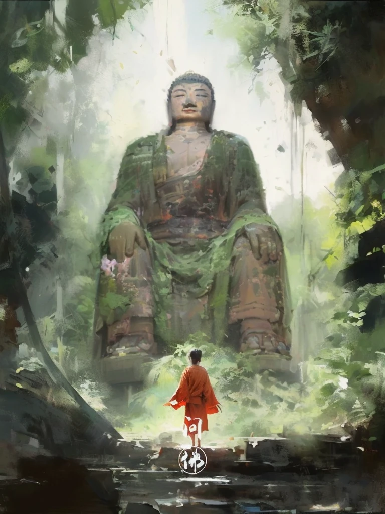 painting of a man in a red robe standing in front of a large buddha statue, by Han Gan, by Bayard Wu, by Li Zai, guweiz masterpiece, makoto shinkai and tom bagshaw, the buddha, by Raymond Han, traditional japanese concept art, by Yang J, buddhism, by Ma Shi, by Pu Hua, by Ruan Jia