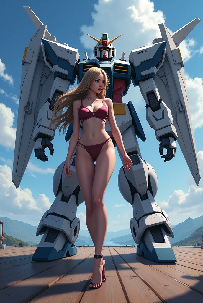 battleship,On deck,Angel,Wing Gundam Mecha(Girl)long flowing hair,Bright Eyes,Excited expression,Big breasts,Annotator from afar,