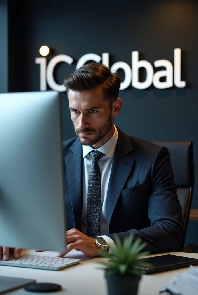 Create an ultra-realistic sales consultant, a man in his 30s, sitting at a desk in front of a computer, with the IC Global Logo behind him