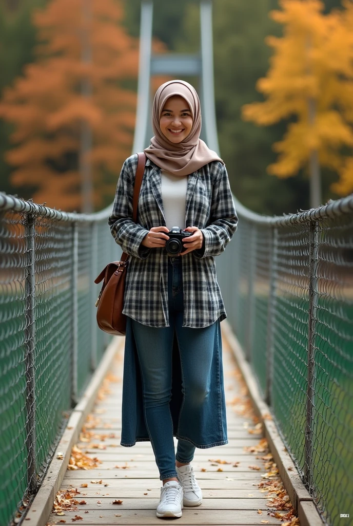 a beautiful girl wearing a hijab shawl wearing a checkered tunic shirt, wearing long tight jeans wearing sports shoes, wearing a bag on her back, is on a suspension bridge, around her there is green lake water and there are trees that are falling because of autumn while smiling holding the camera