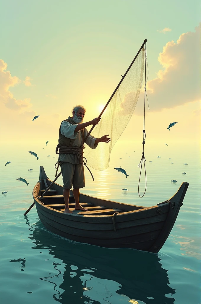 Rising sun, Calm sea, wooden boat, fisherman casting his net, jumping fishes