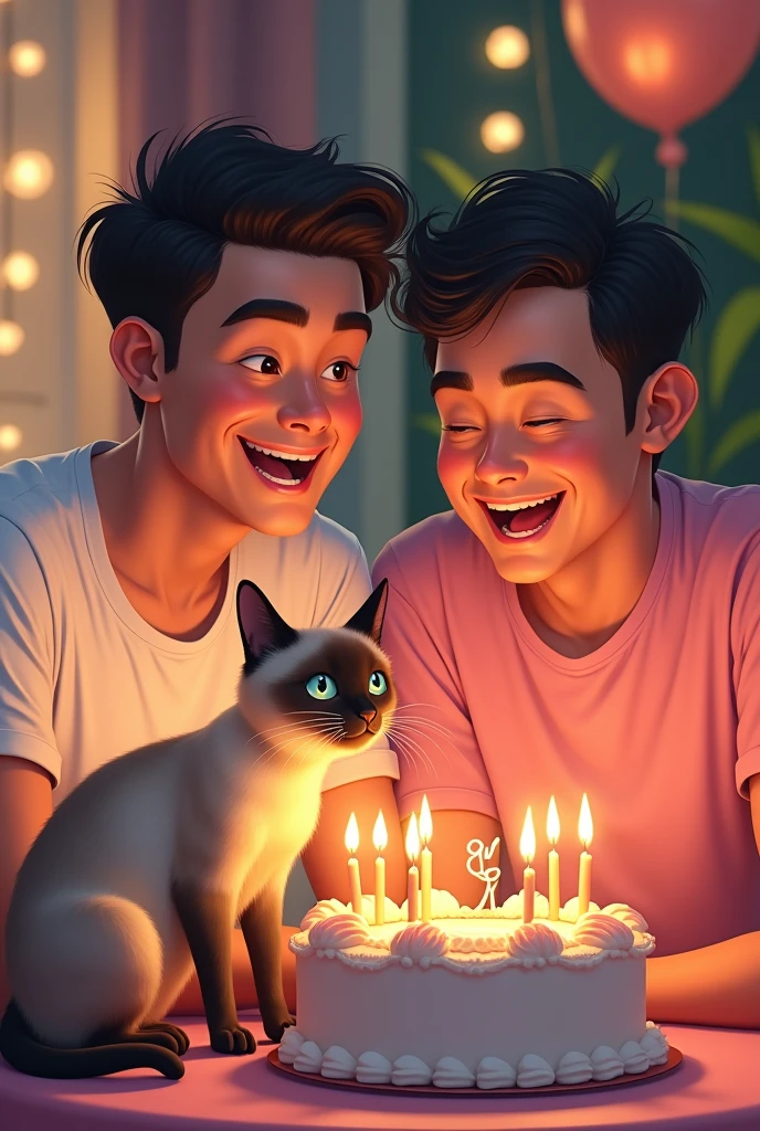 The birthday party had a man in a short-sleeved white shirt and a man in a pink shirt and a Siamese cat blowing out candles on the cake. It was a warm and happy atmosphere.