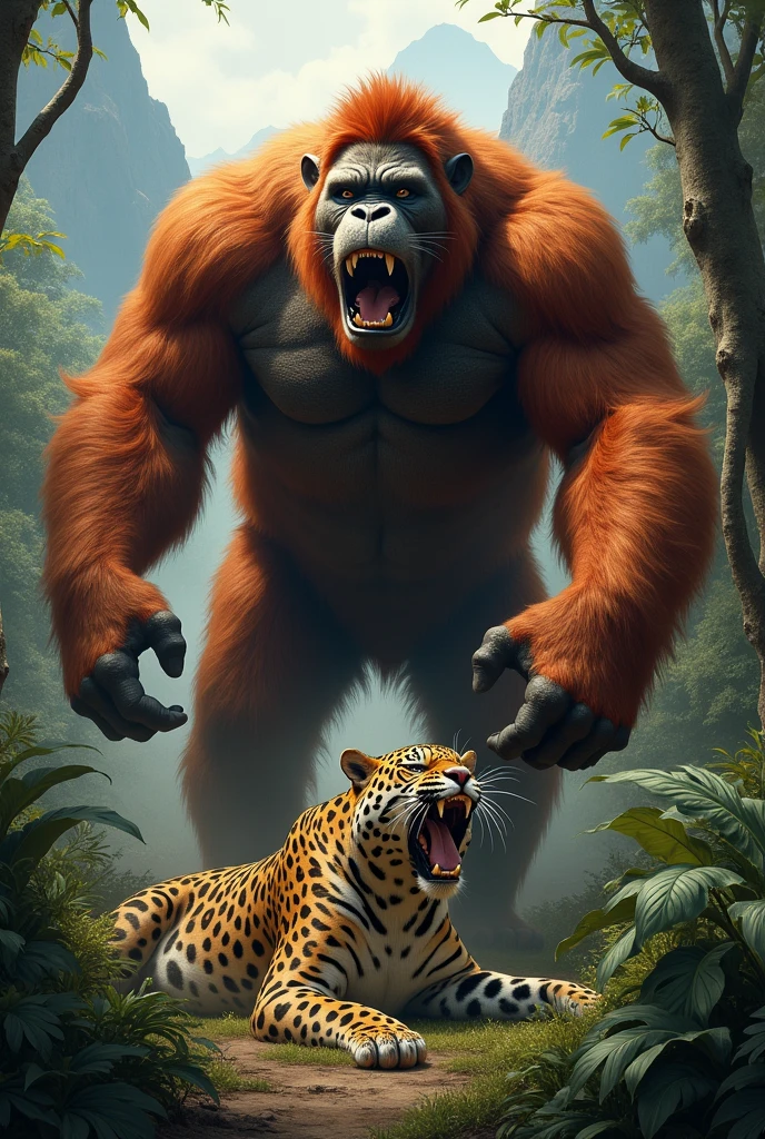 "A massive, fierce orangutan in a dense jungle, roaring triumphantly after defeating a powerful jaguar, with misty mountains in the background and dramatic, intense lighting. The scene is hyperrealistic, with detailed fur and vibrant colors."