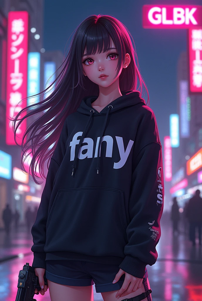 Create a character anime, {background: capital text: “GLBK” in right-top, night city}, tanned skin,
realistic, HDR, beautiful, japan style, full body, use piastol, age 20, hoodie HD text: “FANY”, female, long hair