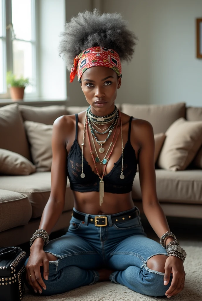 African milf  woman sitting on a sofa with separated legs, afro hairdo, serious face, wearing traditional colourful african clothes, barefoot, hands tightly on shoulders of a caucasian old milf woman at her feet (light grey hair, light green eyes, pale face, pale neck, pale chest, pale arms, pale hands, pale stomach, pale legs and feet) in chic rock fashion: pompadour hairstyle with top bun and shaved sides, colourful bandana as headboard, a lot of metallic necklaces and pendants, a lot of wide metallic bracelets, black lace push up bra, low rise skinny dark blue jeans with worn knees, wide stidded leather belt, kneeling with hands on knees, passive facial expression with open mouth, big square sunglasses, thin neck, thin arms, thin legs, well toned abdominals. In an apartment decorated in Scandinavian style. A black leather studded tote bag on the floor. Natural light