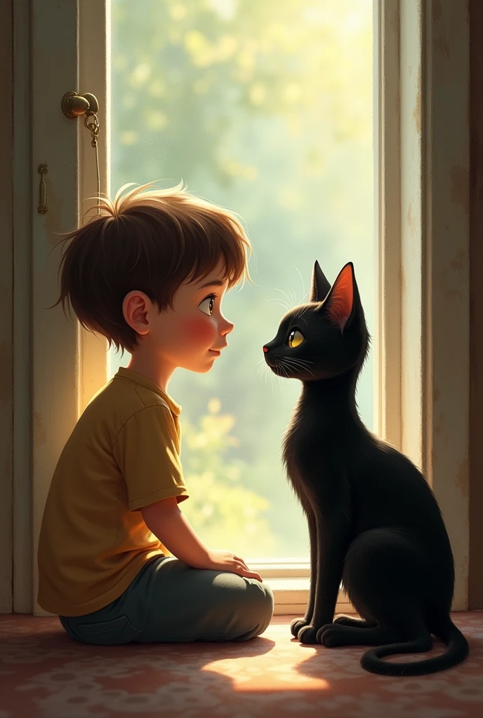 A boy and a black cat ooking at each other beside a glass window opened