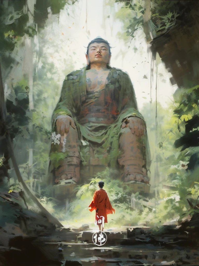 painting of a man in a red robe standing in front of a large buddha statue, by Han Gan, by Bayard Wu, by Li Zai, guweiz masterpiece, makoto shinkai and tom bagshaw, the buddha, by Raymond Han, traditional japanese concept art, by Yang J, buddhism, by Ma Shi, by Pu Hua, by Ruan Jia