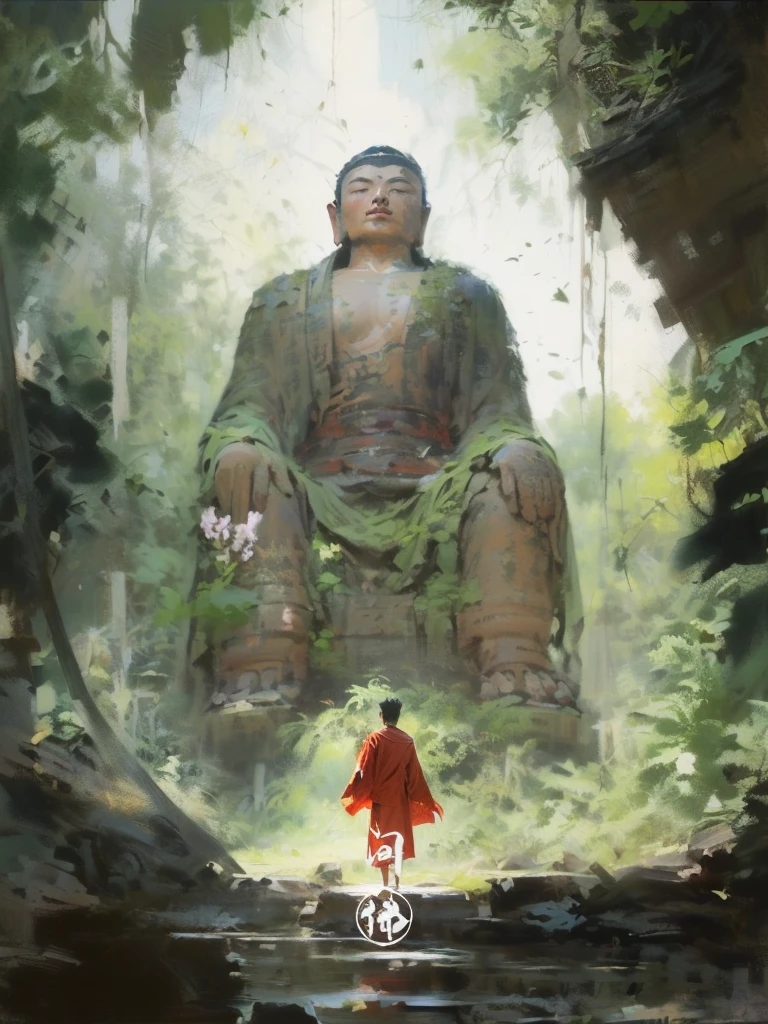 painting of a man in a red robe standing in front of a large buddha statue, by Han Gan, by Bayard Wu, by Li Zai, guweiz masterpiece, makoto shinkai and tom bagshaw, the buddha, by Raymond Han, traditional japanese concept art, by Yang J, buddhism, by Ma Shi, by Pu Hua, by Ruan Jia