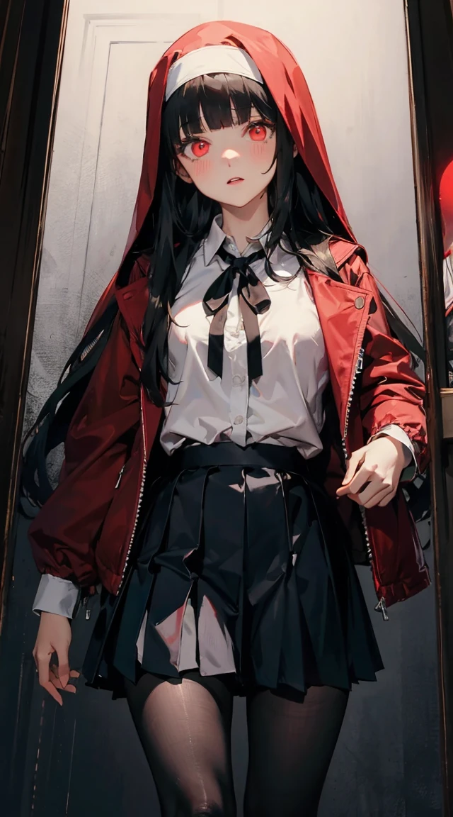 hmjy1, long hair, blunt bangs, red eyes, school uniform, red jacket, black pantyhose, white shirt, black ribbon, pleated skirt, long sleeves + glowing eyes, blush,mirrornun,insanevoid, glowing eyes, extra eyes, horror \(theme\)