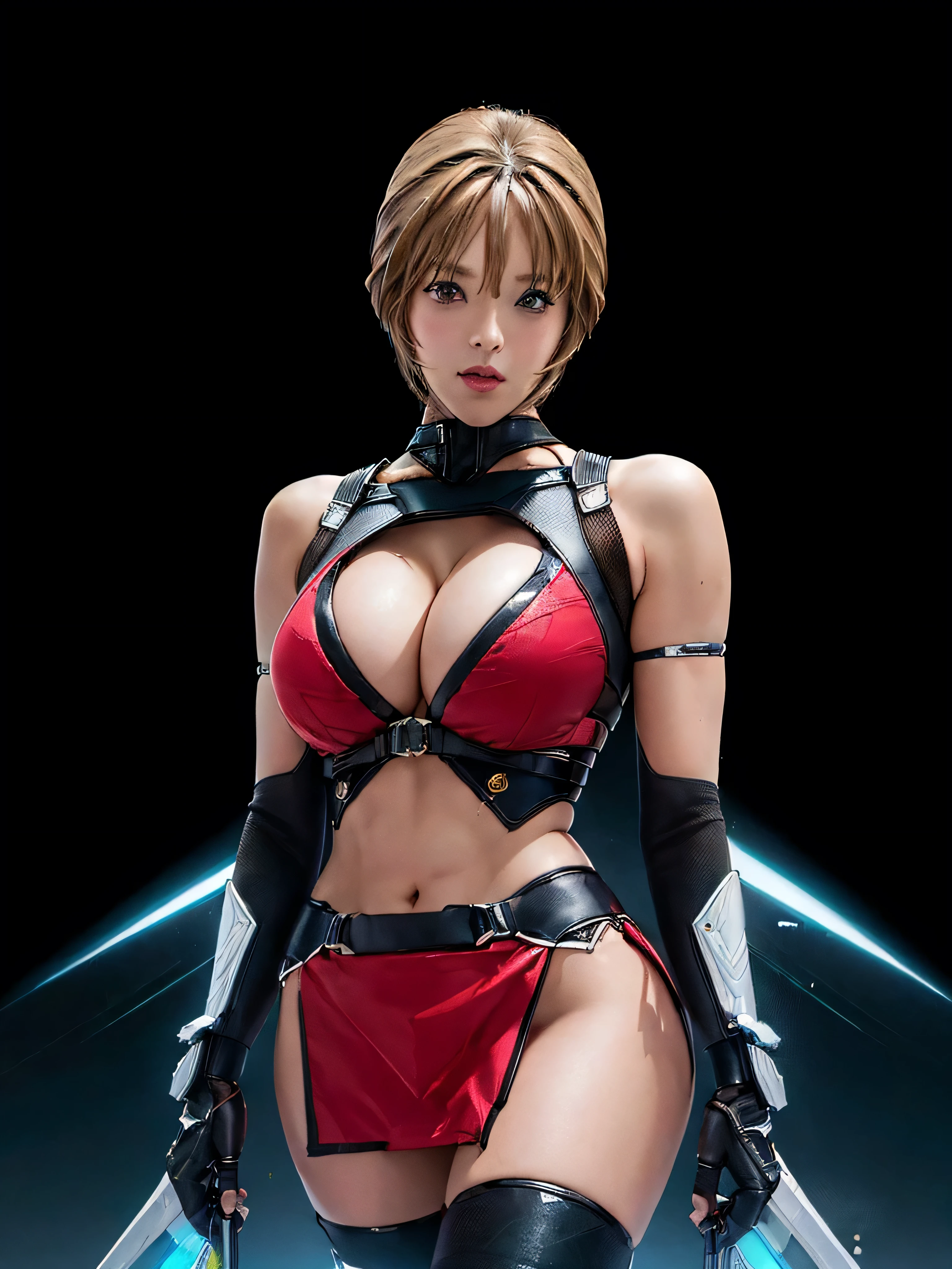 takamori haruka、最high quality、high quality,, ((Masseter muscle area)), ((High resolution)), ((最high quality)), ((Ultra-realistic texture)), detailed, ((Glowing Skin)), (Red bondage, Ripped black hot pants, Black muffler), Voluptuous bust, exposed navel, Bowl-shaped big breasts, (View from the front, Looking at the audience:1.5)、((background:Inside the futuristic facility:1.4))