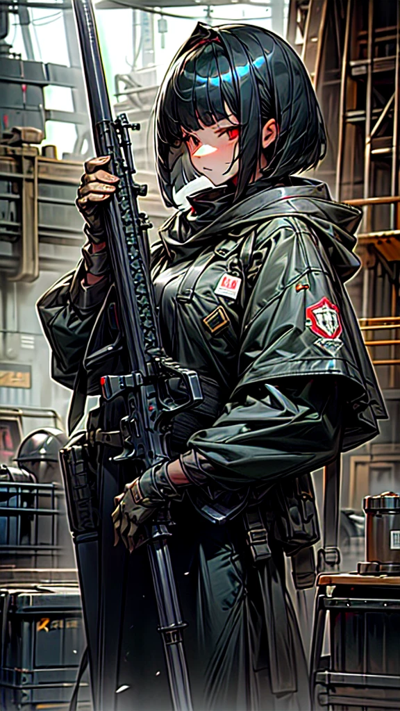 Highest quality、Every detail、Structurally correct、Anti-material riflesを両手で持つ、Girl in a hood、Bob cut with black hair、Red eyes、Anti-material rifles、Huge rifle、Heavy equipment、Black clothes、iron、Metallic、