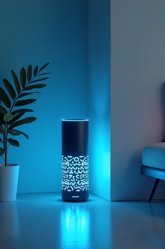 Make a picture of Amazon Alexa speaker. Blue lighting, has to be cool