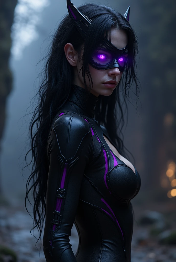 A pretty, 2 woman, She has long, raven black hair, which are often slightly disheveled, which gives her an untamed look. Her eyes shine in an intense violet, that glows slightly in the dark, and her skin is alabaster white, which gives her an almost ghostly appearance. The costume is mainly in deep black, interspersed with violet accents, that reflect their eye color. It consists of a skin-tight suit, which makes her agile and fast and black riding boots. She wears half a mask, which covers the upper half of her face, her eyes shining through a thin violet layer. FULL BODY shot