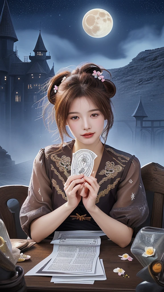 (masterpiece),(Highest quality), figure, (Fantasy:1.4), witch, cute detailed digital art, Beautiful Face, Brown Hair, Put your hair up, city, Mountain, Long dark-colored dress, moon, Flowers , paper_cut