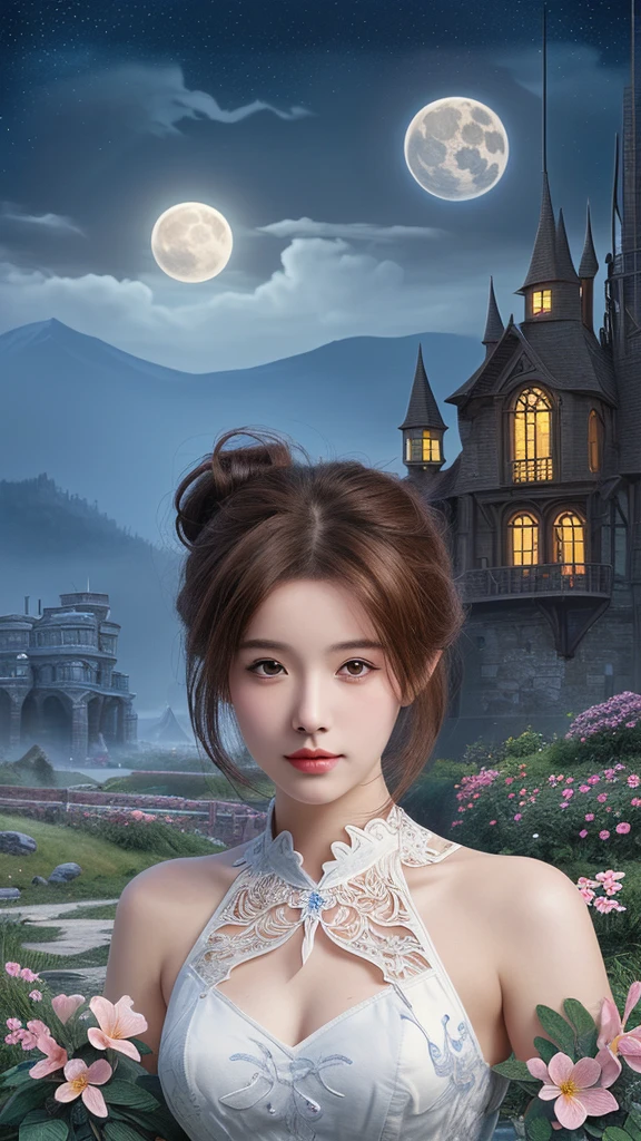 (masterpiece),(Highest quality), figure, (Fantasy:1.4), witch, cute detailed digital art, Beautiful Face, Brown Hair, Put your hair up, city, Mountain, Long dark-colored dress, moon, Flowers , paper_cut
