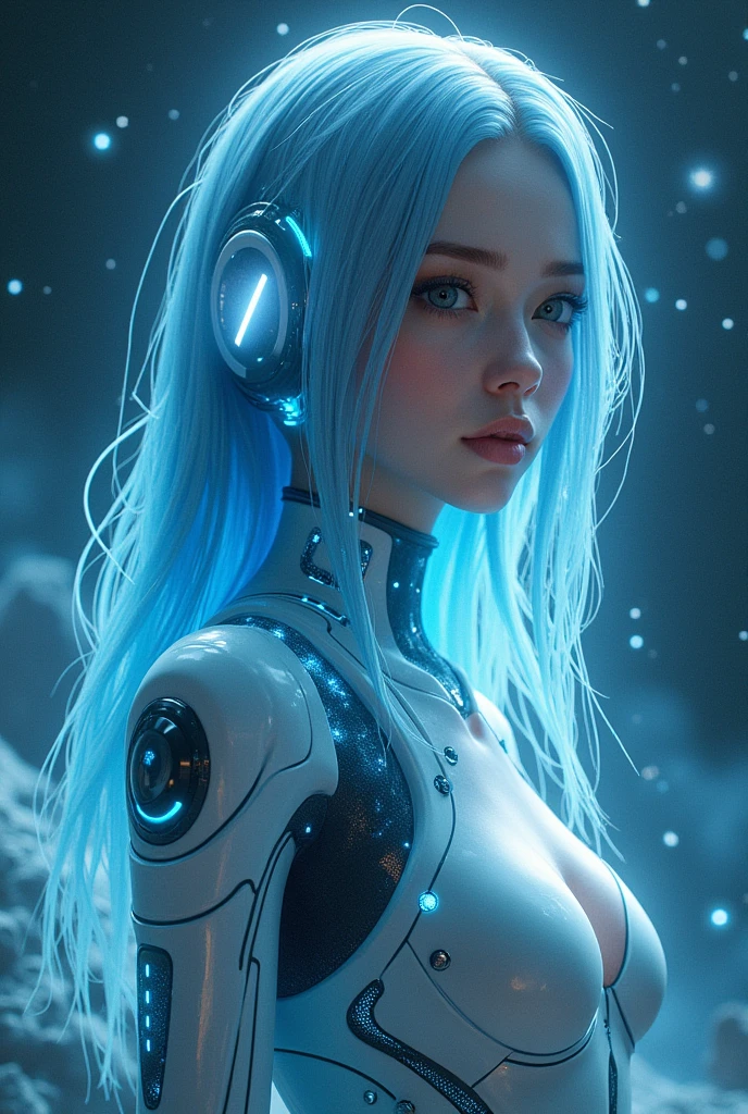 Galaxy space suit beauty light blue hair upper body cyber near future