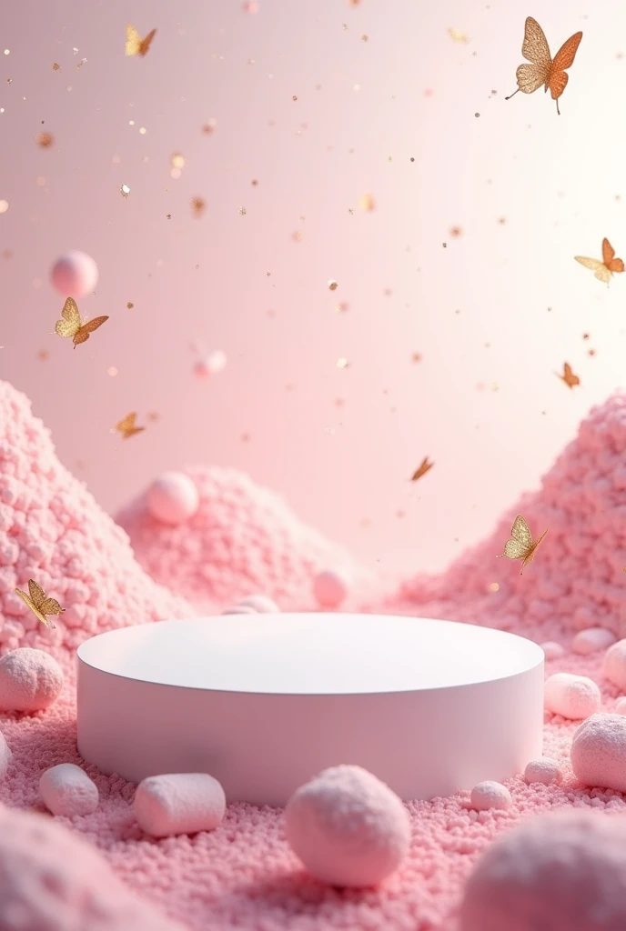 White podium in a field of pink marshmallows. Image should have a candy fantasy kingdom vibe with golden glitter in the background to complement the grass and butterflies flying around and pink marshmallows on the ground