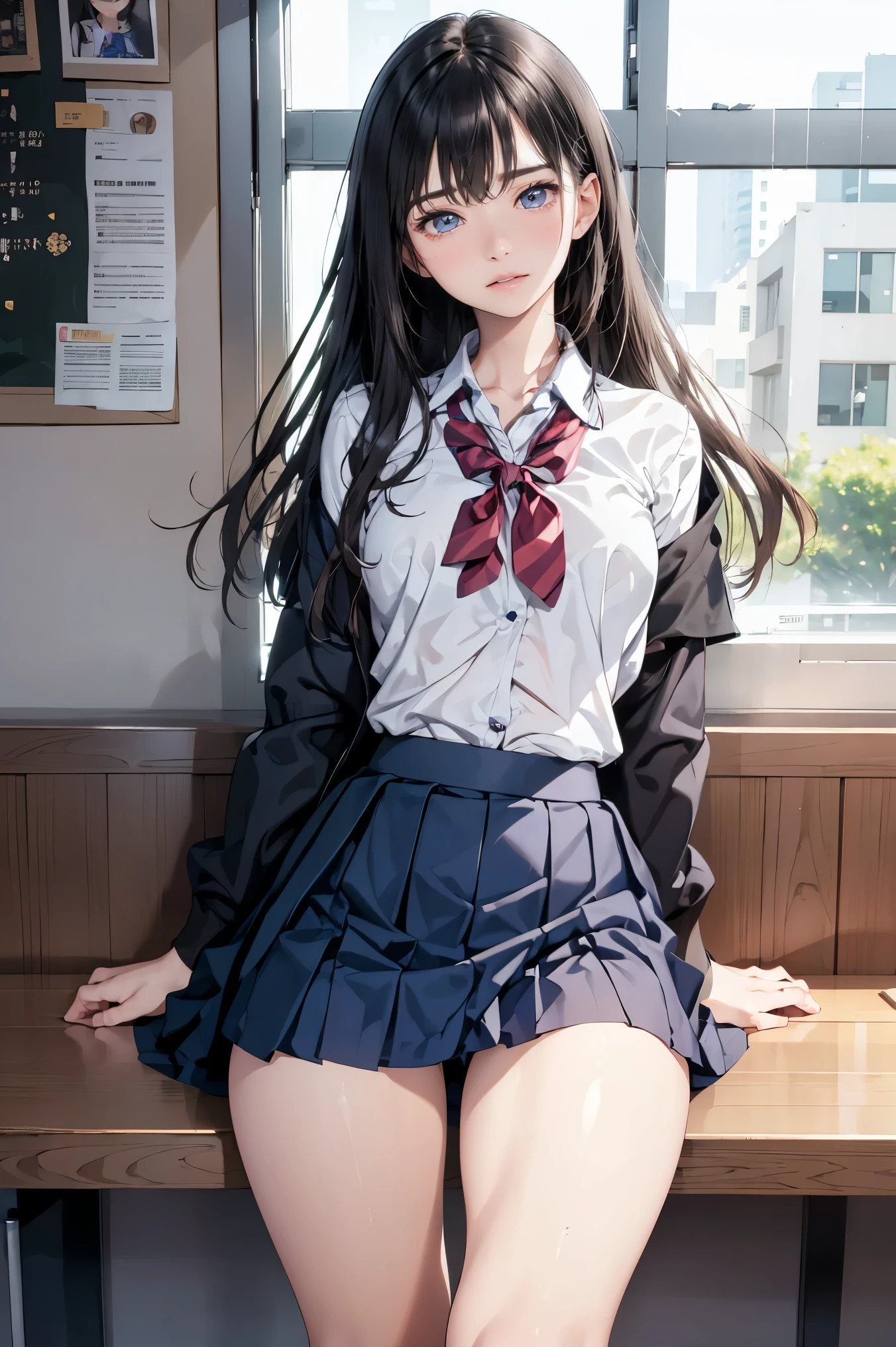 masterpiece, best quality, extremely detailed, (realistic, photo realistic:1.2), high resolution, RAW photo, 8k, Asian girl, ****, Super long hair,bangs,Slender、school uniform、Checked mini skirt、Mid-chest、nsfw,