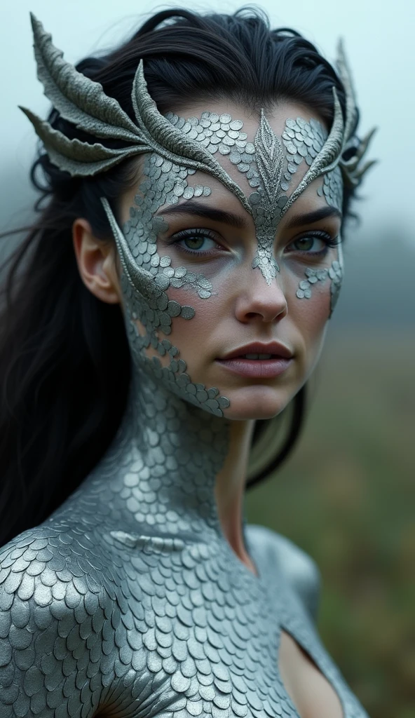 An English woman with dragon-like features, her skin covered in smooth, metallic silver scales that mirror the misty, overcast skies of England. Her eyes are deep grey, like the clouds before a storm. Her facial structure is refined, with high cheekbones and a poised jawline. Her hair is a cascade of dark, flowing locks interwoven with delicate, scale-like accents, capturing the elegance and mystique of the British landscape.