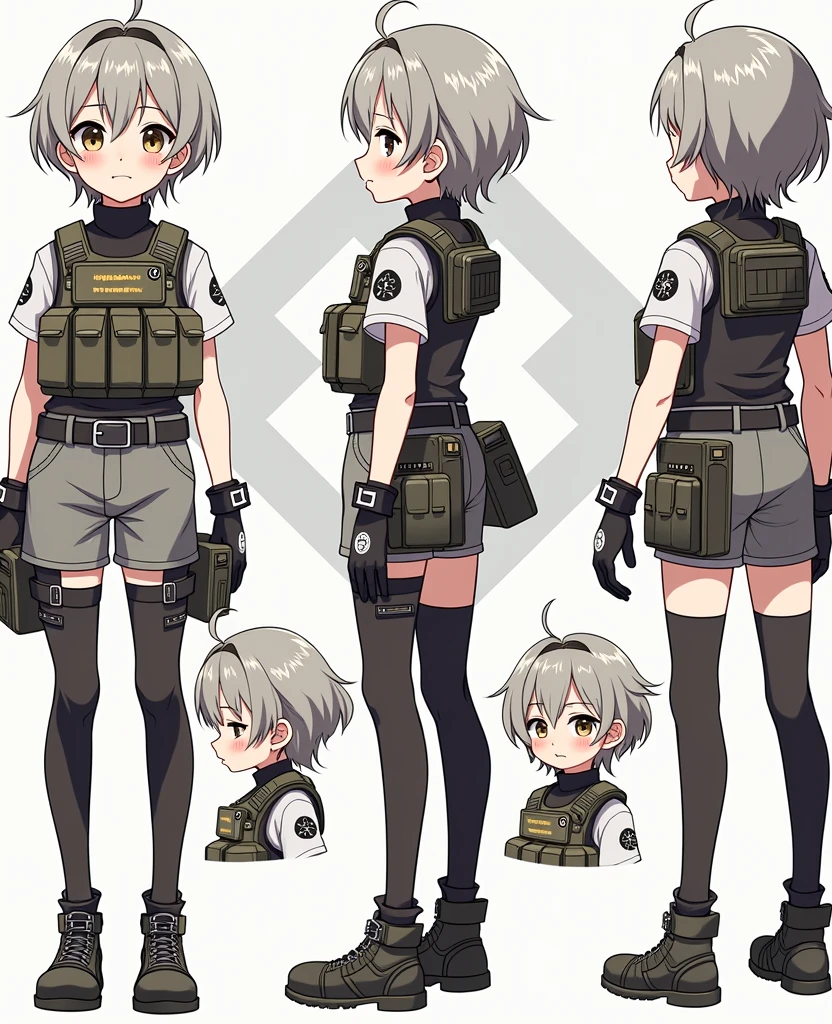 Standing boy, cute, 1 boy, , 4-sided design, Diagonals, front, back, profile, Head to body ratio 4, character sheet, whole body, simple background, Four perspectives, tactical gear, bulletproof vest, Good quality, high detail, Puppy Suin, short cut hair