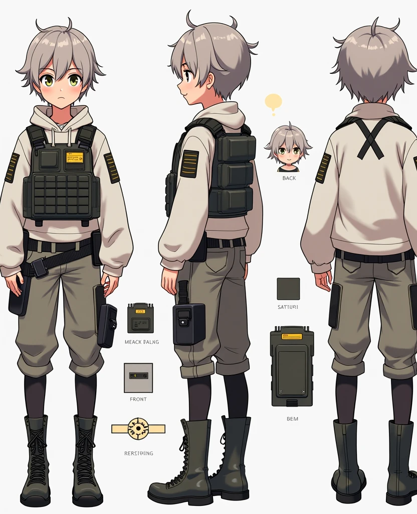Standing boy, cute, 1 boy, , 4-sided design, Diagonals, front, back, profile, Head to body ratio 4, character sheet, whole body, simple background, Four perspectives, tactical gear, bulletproof vest, Good quality, high detail, Puppy Suin, short cut hair