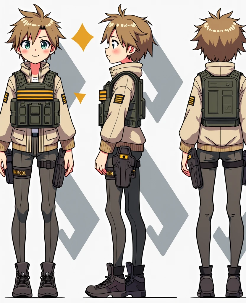 Standing boy, cute, 1 boy, , 4-sided design, Diagonals, front, back, profile, Head to body ratio 4, character sheet, whole body, simple background, Four perspectives, tactical gear, bulletproof vest, Good quality, high detail, Puppy Suin, short cut hair
