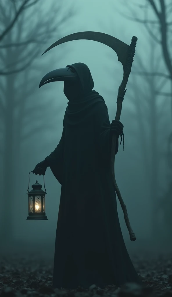 A large sickle, Scythe of Death,A sickle bigger than her body, ((masterpiece, best quality, Highest image quality, high resolution, Reality, RAW photos, 8K)), ((Extremely detailed CG unified 8k wallpaper)), Bird's Beak Doctor,(Beak mask), Movie Posters,Black robe,The other hand holds a lantern,Heavy fog,Weird atmosphere