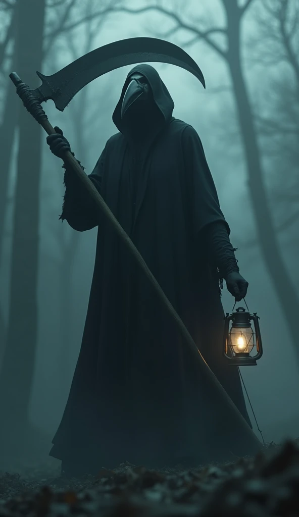 A large sickle, Scythe of Death,A sickle bigger than her body, ((masterpiece, best quality, Highest image quality, high resolution, Reality, RAW photos, 8K)), ((Extremely detailed CG unified 8k wallpaper)), Bird's Beak Doctor,(Beak mask), Movie Posters,Black robe,The other hand holds a lantern,Heavy fog,Weird atmosphere