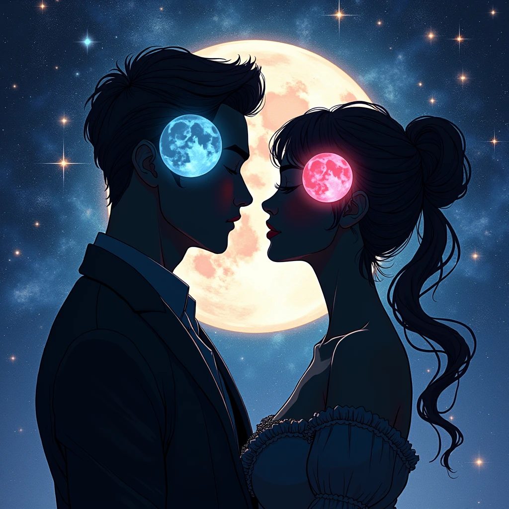 Space stars background、男性と女性の横顔のsilhouette、through、Moon and Sun、Beautiful Galaxy、High resolution, masterpiece, Highest quality, detail, 高いdetail, The sun for women、The moon for men、Shadow、silhouette, Illustration, Baroque, 男性のsilhouetteの中には青い月があります、Japanese women and Korean men、女性のsilhouetteの中にはピンクの太陽、Soft Light,Gentle colors,