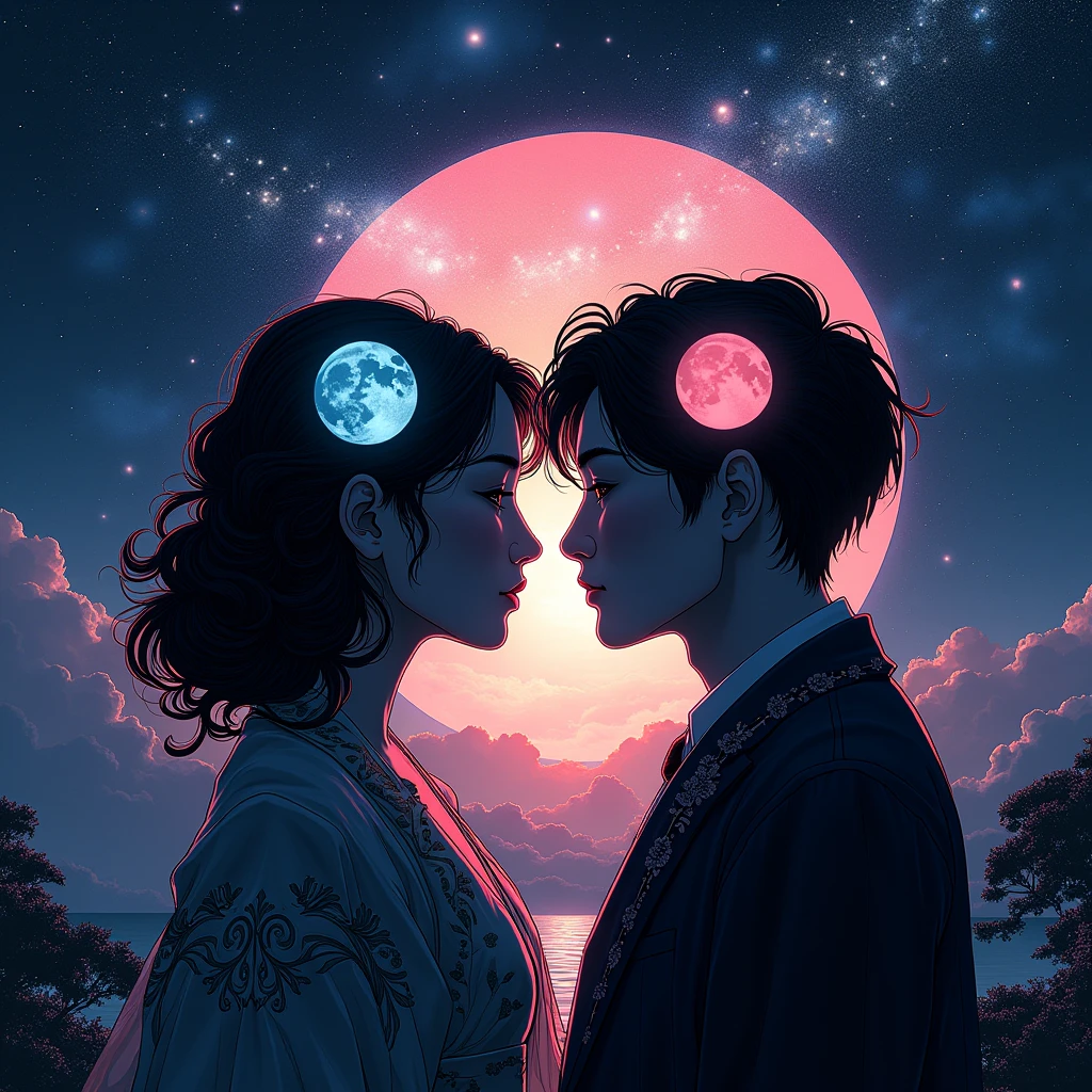 Space stars background、男性と女性の横顔のsilhouette、through、Moon and Sun、Beautiful Galaxy、High resolution, masterpiece, Highest quality, detail, 高いdetail, The sun for women、The moon for men、Shadow、silhouette, Illustration, Baroque, 男性のsilhouetteの中には青い月があります、Japanese women and Korean men、女性のsilhouetteの中にはピンクの太陽、Soft Light,Gentle colors, 