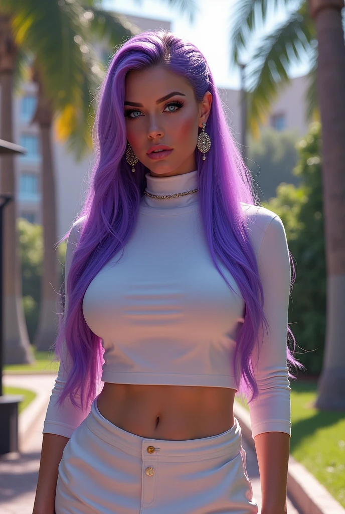 (ultra realistic,32k, masterpiece:1.2),(high detailed skin:1.1),( high quality:1.1), EPpkJessie, long hair,v-shaped eyebrows, blue eyes, purple hair, hair slicked back, earrings, jewelry, lipstick, makeup, white turtleneck top, long sleeves,white short skirt, city park, palms, sunshine, blurry background,,(looking at viewer, portrait:1.1),, huge breast,large breast, thick thighs, curvy hips,(soft shaded neon light:1.1),