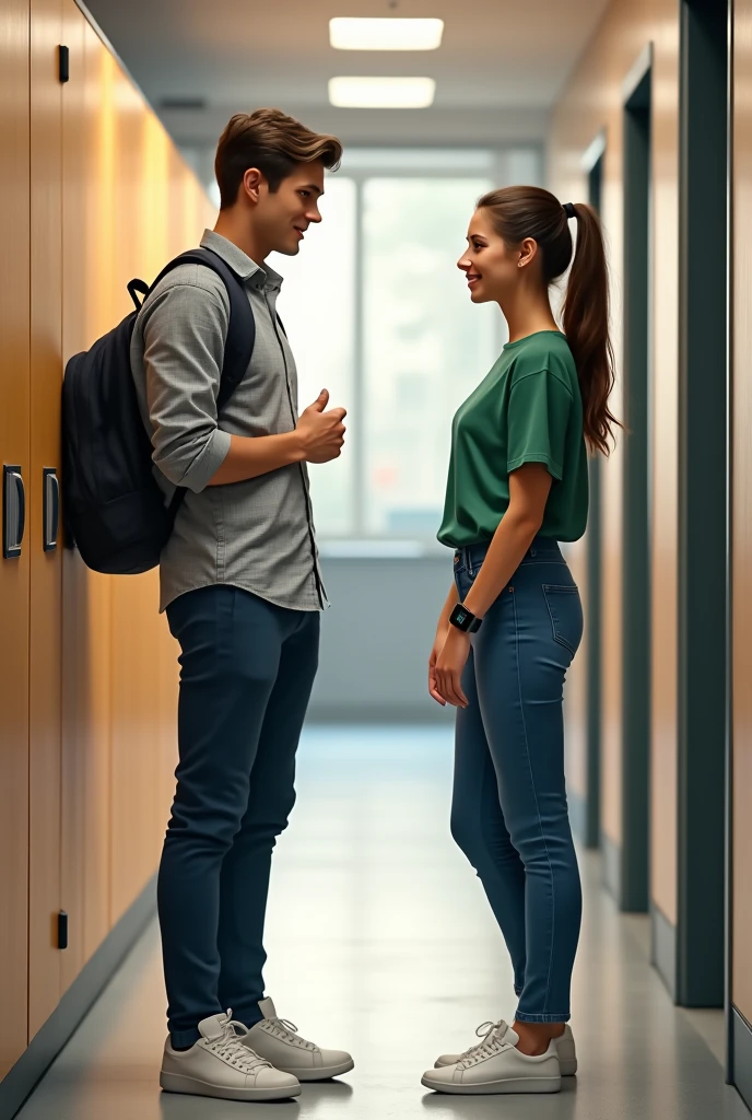 Outside the locker room in the office, a young man meets a young woman who is wearing a gray check shirt, jeans, white shoes and a smart watch. The young woman is wearing a green top, jeans and shoes.