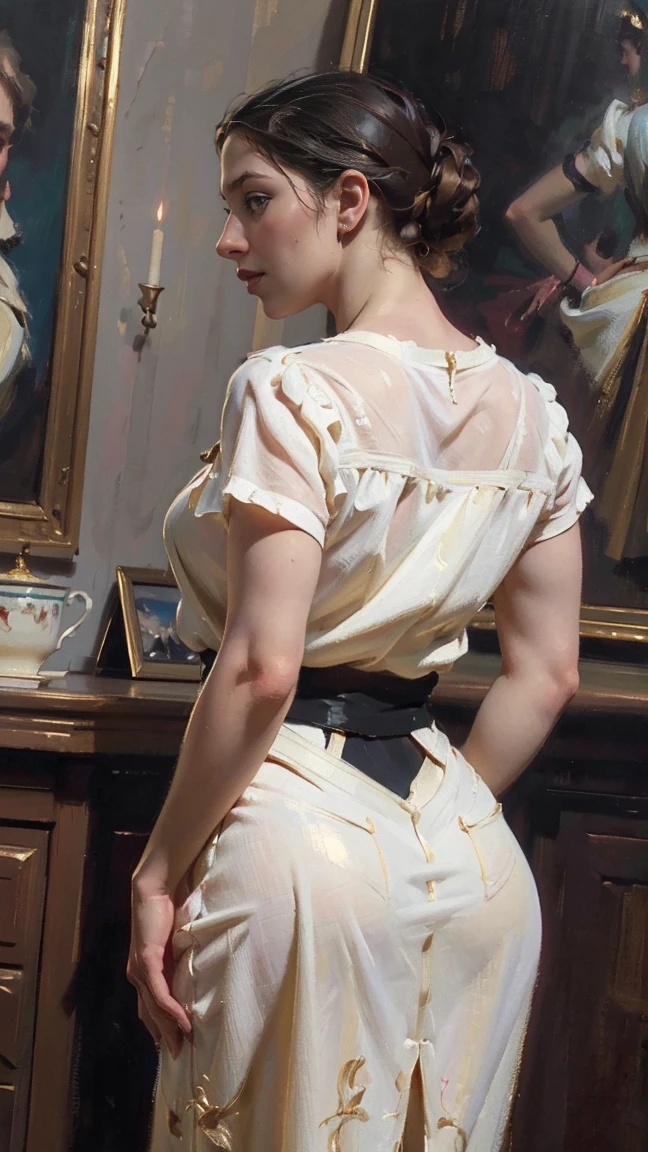 (aoc:1.1), braga, from behind, bent, wide hips, thick thighs, Oil painting, by Sargent, (best quality,4K,8k,highres,masterpiece:1.2), Ultra-detail, (realisti,photorealisti,photo-realisti:1.37), Portraits, warm color palette, Soft lighting.