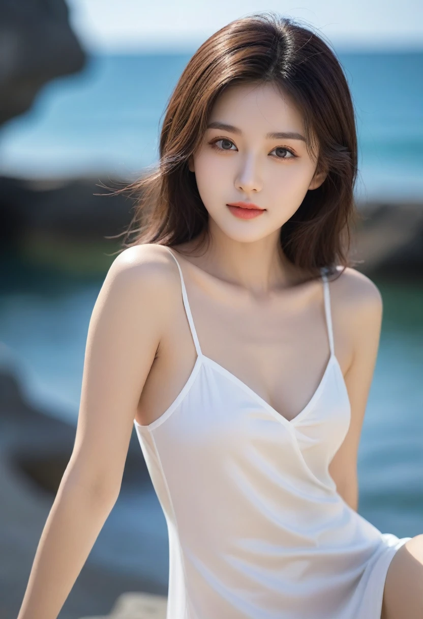8K, Ultra-high resolution, best quality, masterpiece, Surrealism, photo, 1 girl,LD:1.3), pretty girl, Cute face, Beautiful eyes in every detail, 細かくdetailedに,masterpiece,, A girl:1.2, Japanese female announcer, Brutal cyberpunk woman,Bob Hairstyle,(Transparent jumpsuit:1.05),Beautiful leg line beauty,Attractive thighs, ,BoLD Pose,Looking at the audience、beauty,Long Neck、Smile、Please close your mouth and smile、(((Ideal body shape))),A cup small breasts :2,、image:2、Perfect anatomical structure、鮮明なdetailed、detailed、Surrealism、Light and Shadow,glare,seaside,Soft Light,Chinese Beauty,Slip nightdress