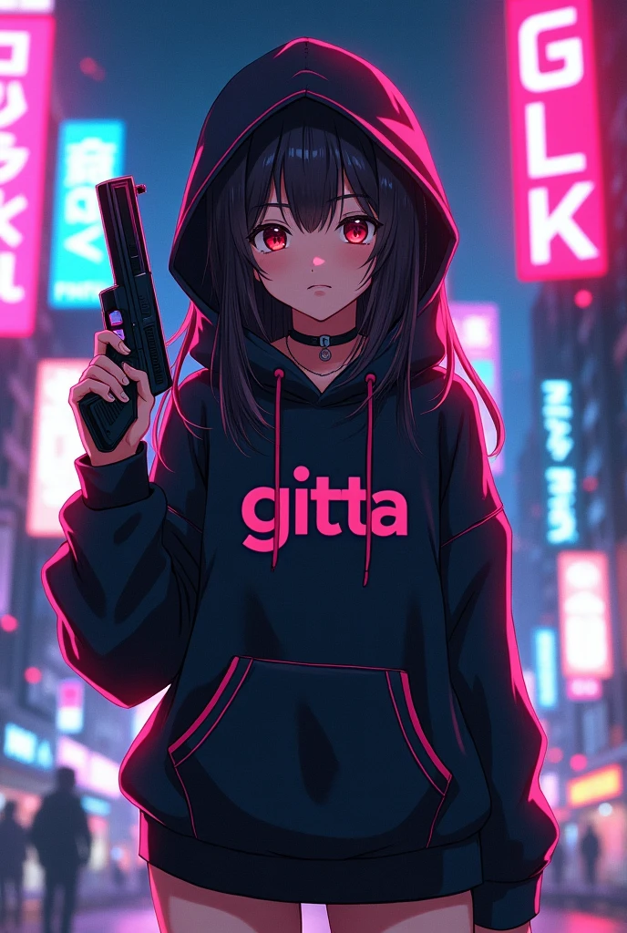 Create a character anime, {background: capital text: “GLBK” in right-top, night city}, tanned skin,
realistic, HDR, beautiful, japan style, full body, use piastol, age 20, hoodie HD text: “GITTA”, female, long hair