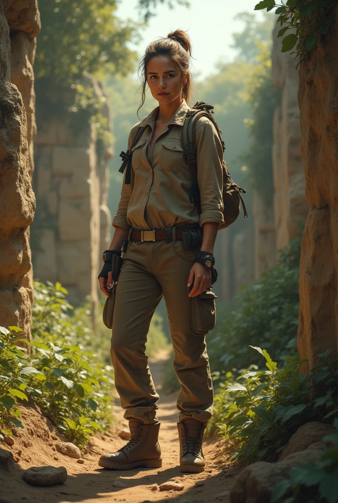 Adventurous archaeologist girl realistic photography Margot Robbie lookalike girl