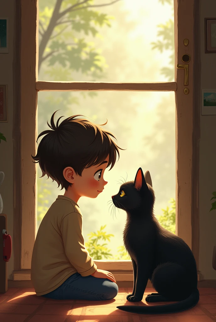 A boy and a black cat ooking at each other beside a glass window opened