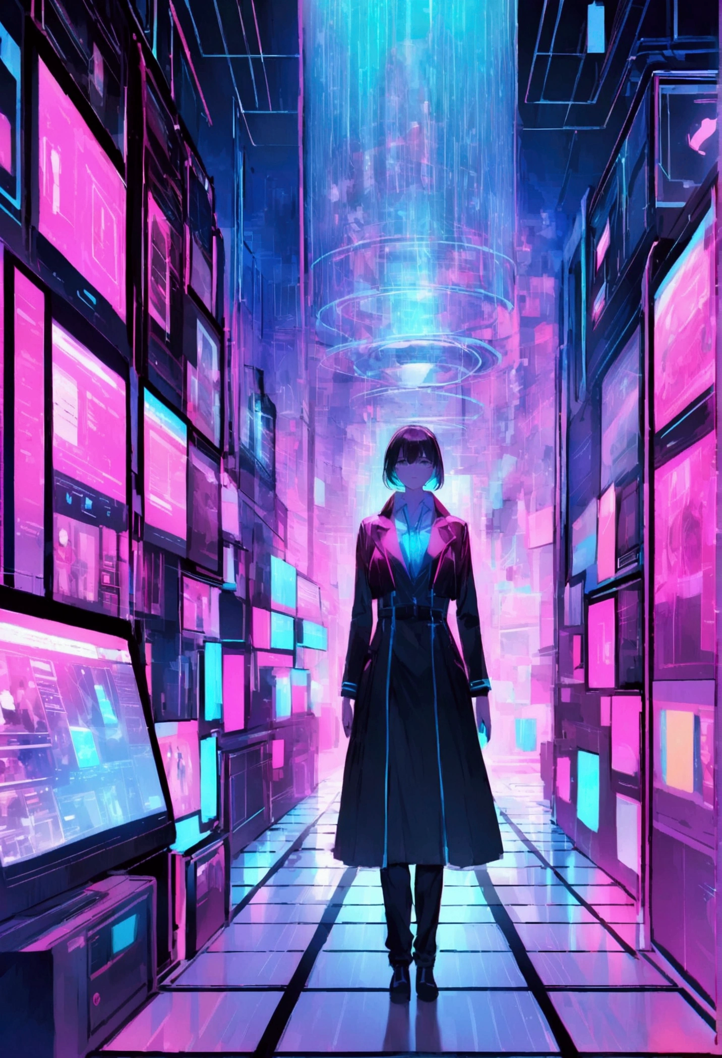 A futuristic digital environment with holographic interfaces and advanced technology. A person, perhaps a young professional, is interacting with a floating Meta logo (symbolic of Meta’s digital products) in an immersive space. Surrounding the person, glowing lines and data streams represent the flow of knowledge and skill acquisition. The background features abstract representations of various Meta platforms, such as VR environments, social media networks, and digital communication tools.